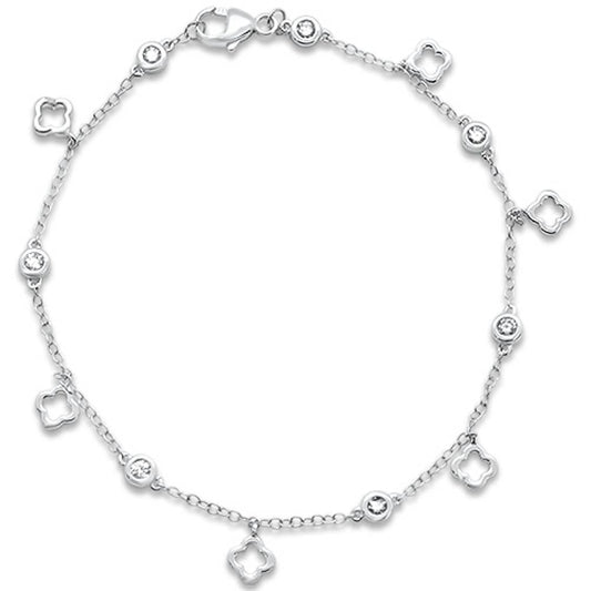 Muse Jewelry .27ct 14kt White Gold Clover & Round Bezel Diamond Bracelet 7.25" Long