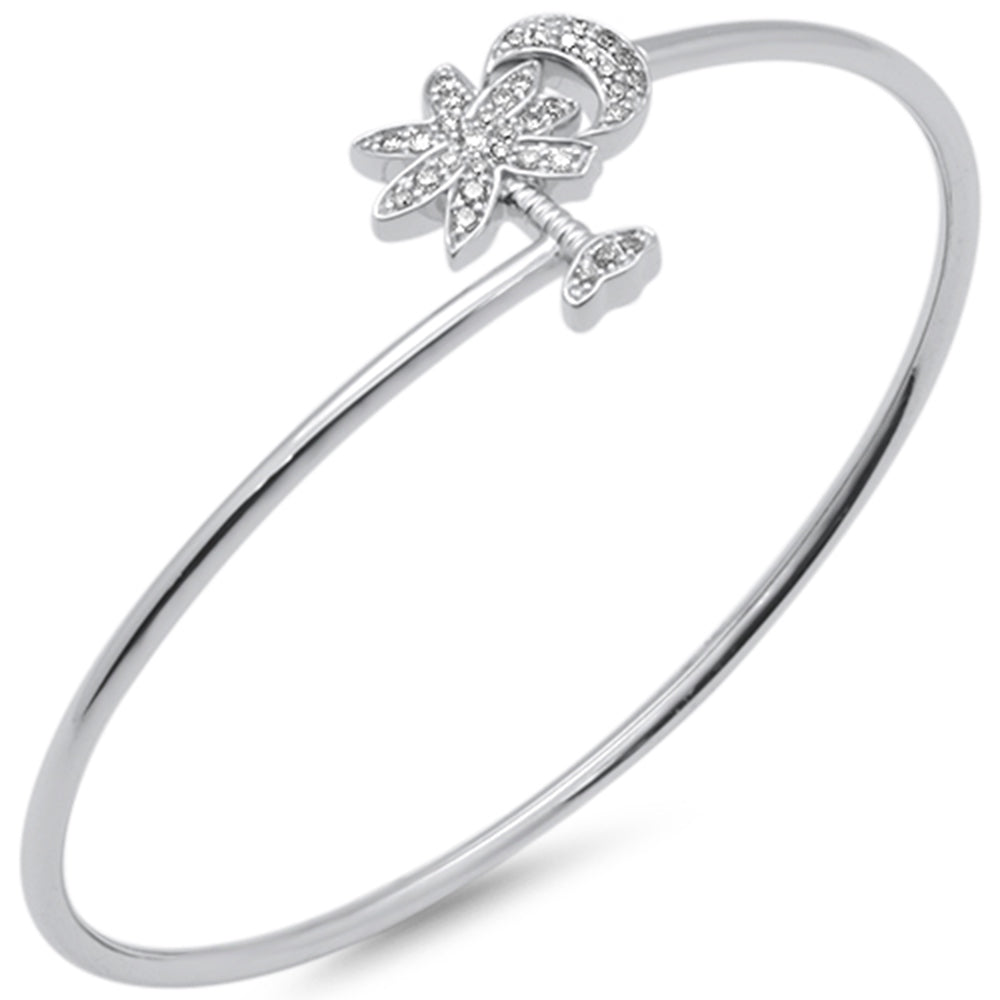 Muse Jewelry .25ct G SI 14K White Gold Diamond Wrap around Palm Tree & Moon Bangle Bracelet 7" Long