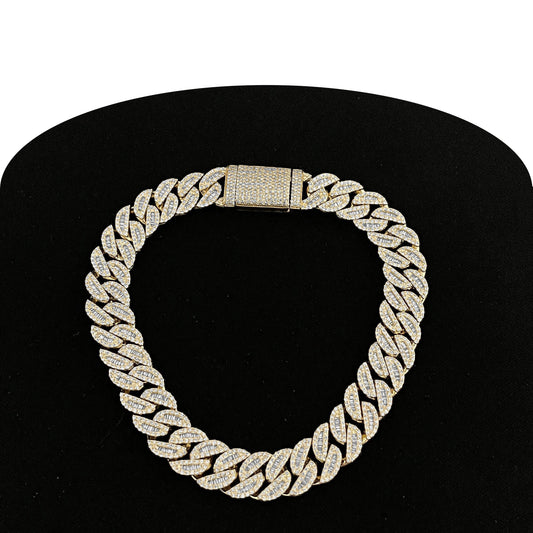 Muse Jewelry 7mm 2.51ct G SI 14K Yellow Gold Round & Baguette Iced Out Diamond Cuban Bracelet 7" Long