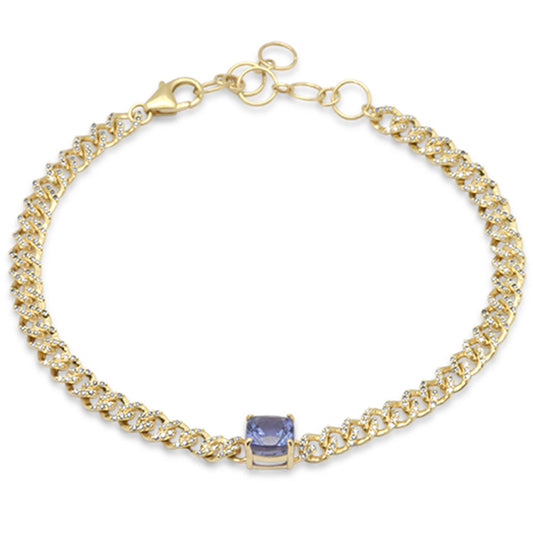 Muse Jewelry 1.97ct G SI 14K Yellow Gold Cushion Shaped Tanzanite Gemstone & Diamond Cuban Bracelet 6+1.5" Long