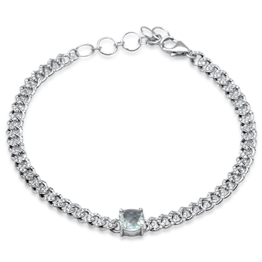 Muse Jewelry 1.44ct G SI 14K White Gold Cushion Shaped Aqua Gemstone & Diamond Cuban Bracelet 6+1.5" Long