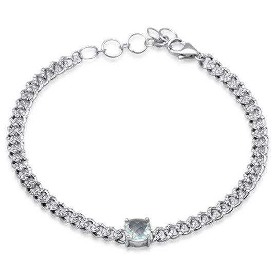 Muse Jewelry 1.44ct G SI 14K White Gold Cushion Shaped Aqua Gemstone & Diamond Cuban Bracelet 6+1.5" Long