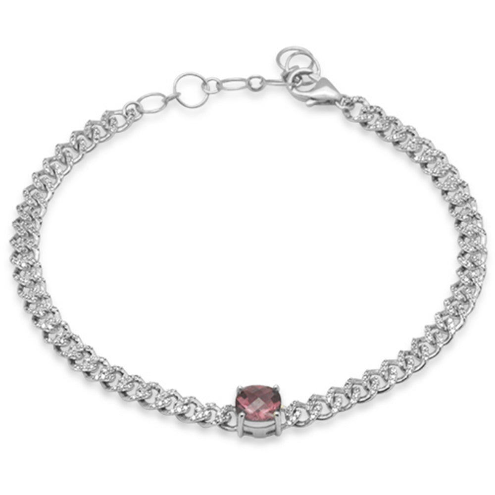 Muse Jewelry 1.39ct G SI 14K White Gold Cushion Shaped Pink Tourmaline Gemstone & Diamond Cuban Bracelet 6+1.5" Long