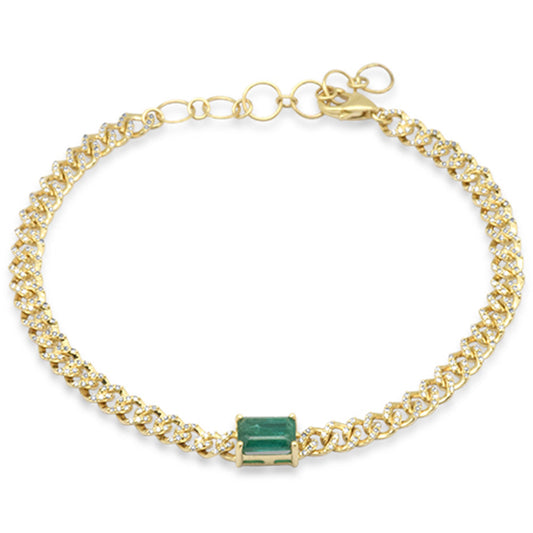 Muse Jewelry 1.40ct G SI 14K Yellow Gold Emerald Gemstone & Diamond Cuban Bracelet 6+1.5" Long