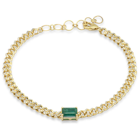 Muse Jewelry 1.55ct G SI 14K Yellow Gold Emerald Gemstone & Diamond Cuban Bracelet 6+1.5" Long