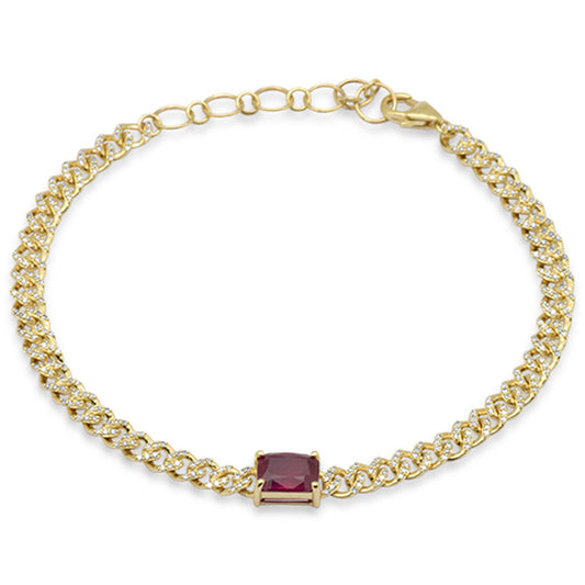 Muse Jewelry 1.88ct G SI 14K Yellow Gold Ruby Gemstone & Diamond Cuban Bracelet 6+1.5" Long