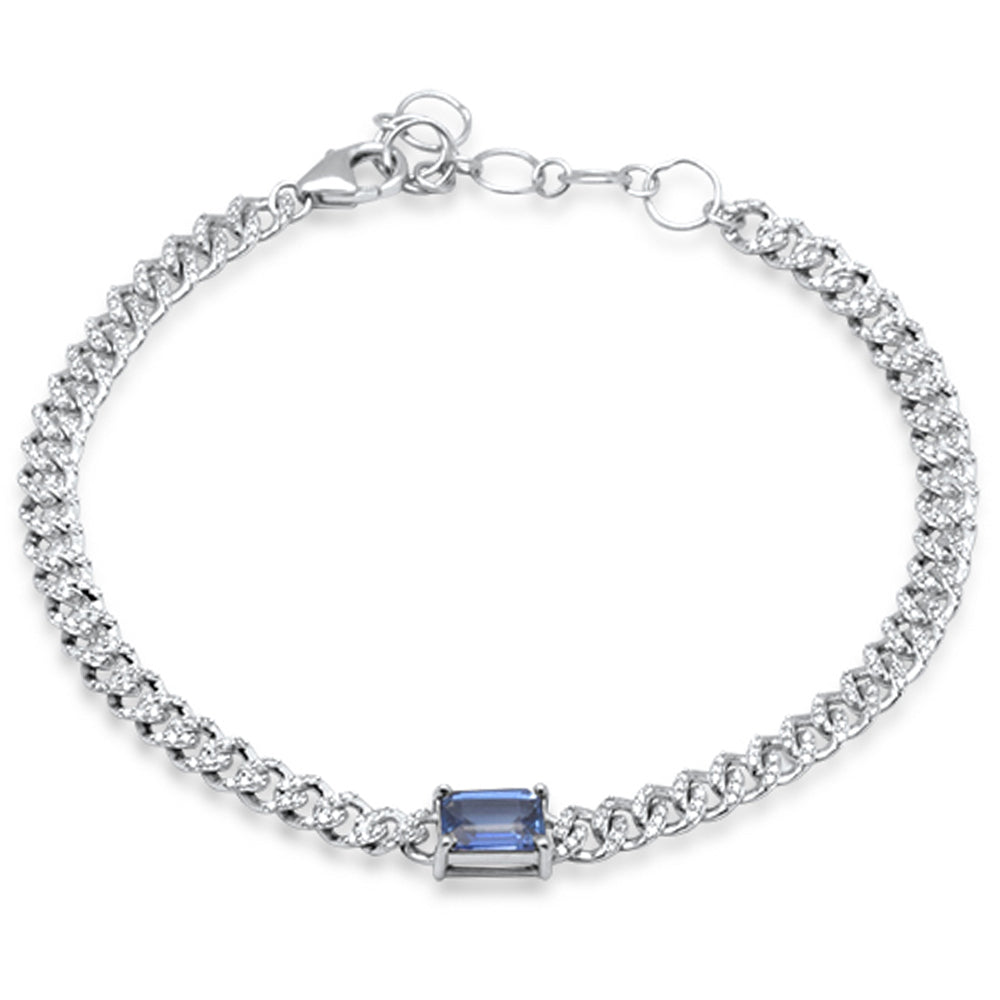 Muse Jewelry 2.02ct G SI 14K White Gold Blue Sapphire Gemstone & Diamond Cuban Bracelet 6+1.5" Long