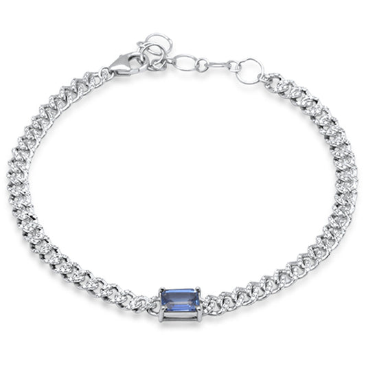 Muse Jewelry 1.20ct G SI 14K White Gold Blue Sapphire Gemstone & Diamond Cuban Bracelet 6+1.5" Long