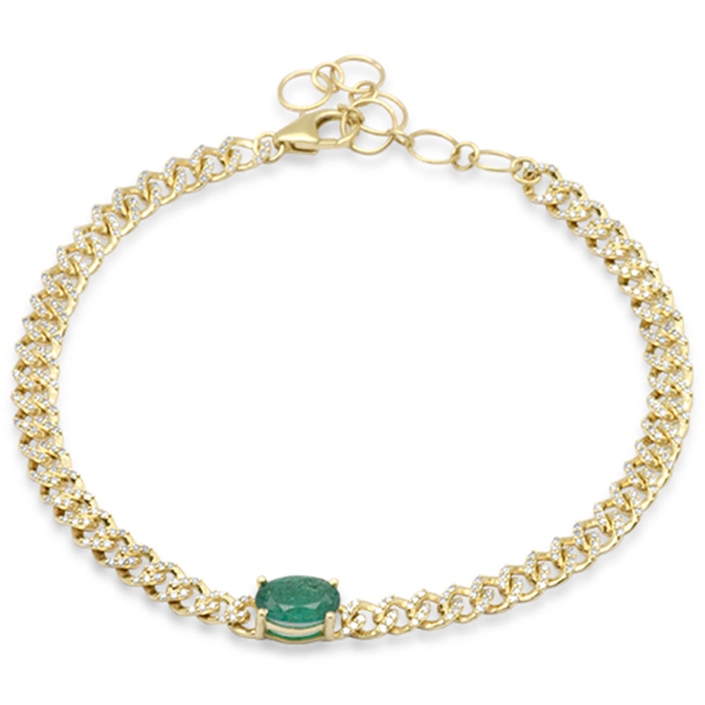 Muse Jewelry 1.34ct G SI 14K Yellow Gold Oval Emerald Gemstone & Diamond Cuban Bracelet 6+1.5" Long