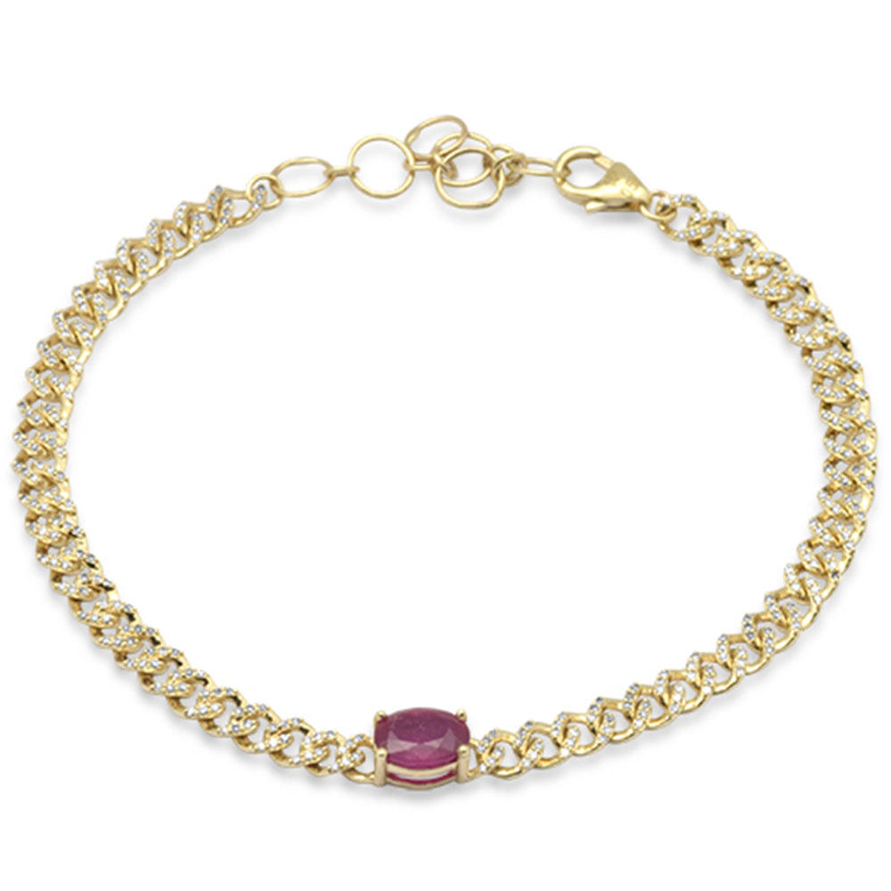 Muse Jewelry 1.74ct G SI 14K Yellow Gold Oval Ruby Gemstone & Diamond Cuban Bracelet 6+1.5" Long