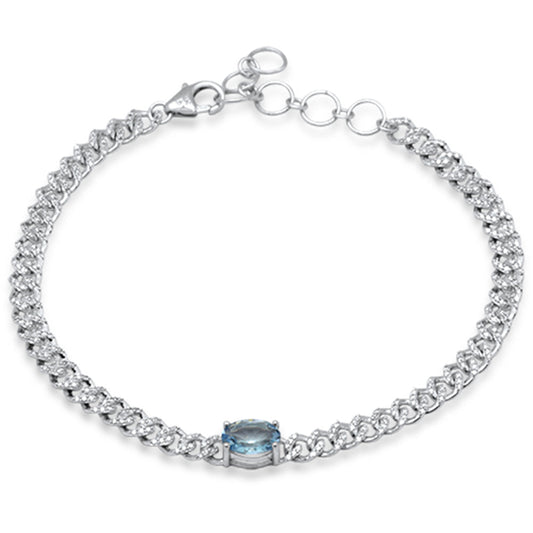 Muse Jewelry 1.26ct G SI 14K White Gold Oval Aqua Gemstone & Diamond Cuban Bracelet 6+1.5" Long