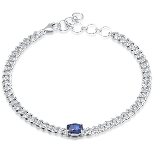 Muse Jewelry 1.49ct G SI 14K White Gold Oval Blue Sapphire Gemstone & Diamond Cuban Bracelet 6+1.5" Long