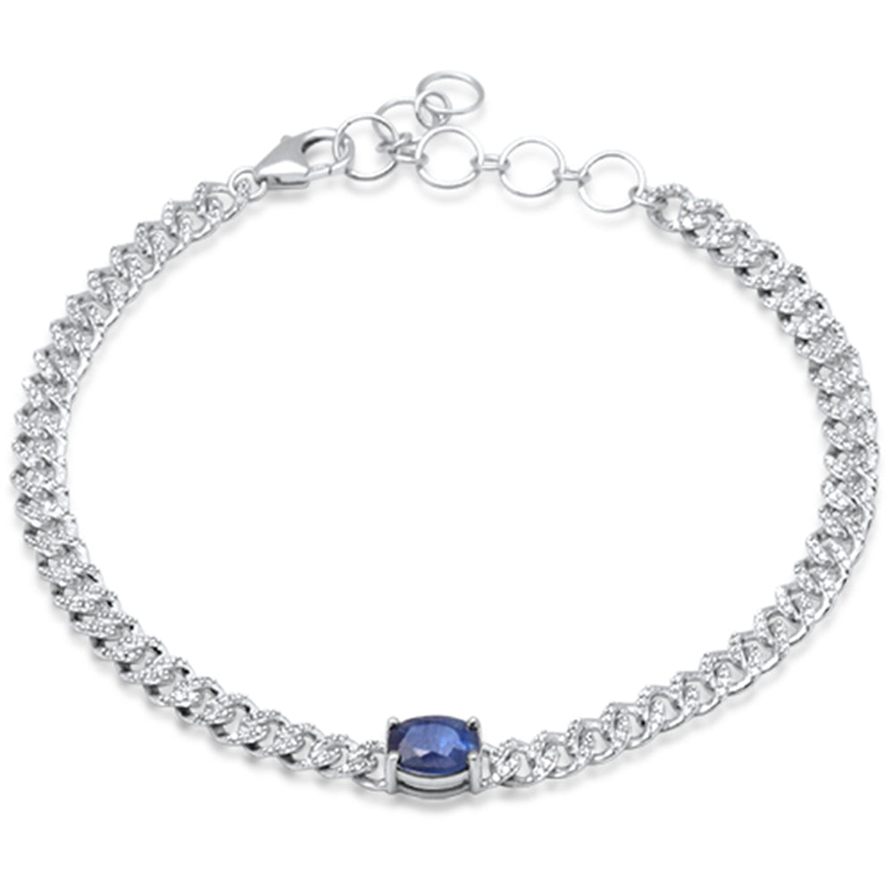 Muse Jewelry 1.11ct G SI 14K White Gold Oval Blue Sapphire Gemstone & Diamond Cuban Bracelet 6+1.5" Long