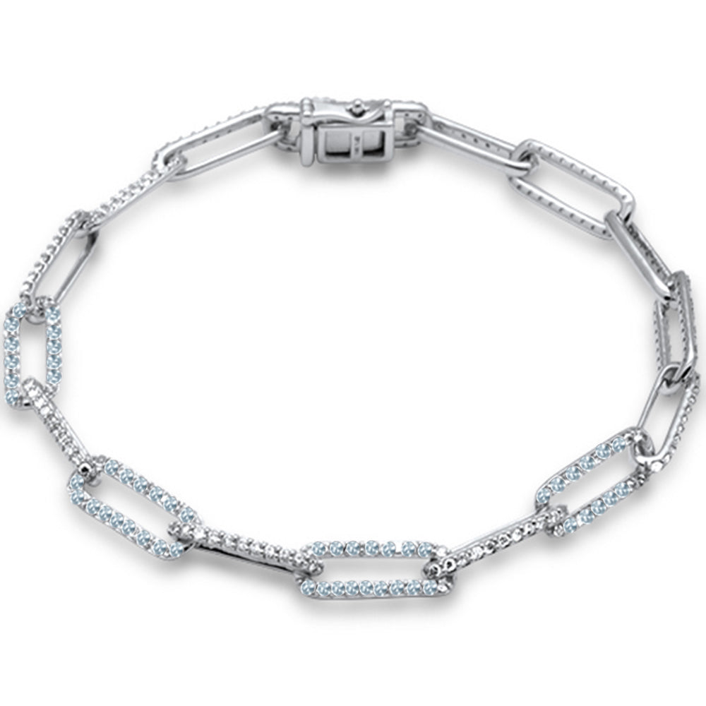 Muse Jewelry 1.42ct G SI 14K White Gold Diamond & Aquamarine Gemstone Paper Clip Bracelet 7" Long