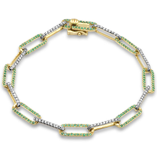 Muse Jewelry 1.36ct G SI 14K Yellow Gold Diamond & Emerald Gemstone Paper Clip Link Bracelet 7" Long