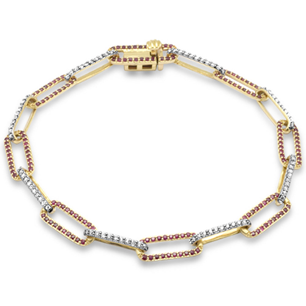 Muse Jewelry 1.73ct G SI 14K Yellow Gold Diamond & Ruby Gemstone Paper Clip Link Bracelet 8"Long