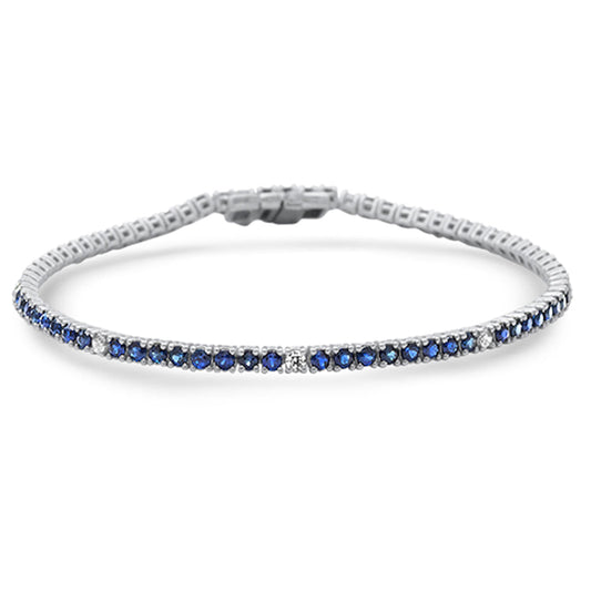 Muse Jewelry 3.56ct G SI 14K White Gold Diamond & Blue Sapphire Tennis Bracelet 7" Long