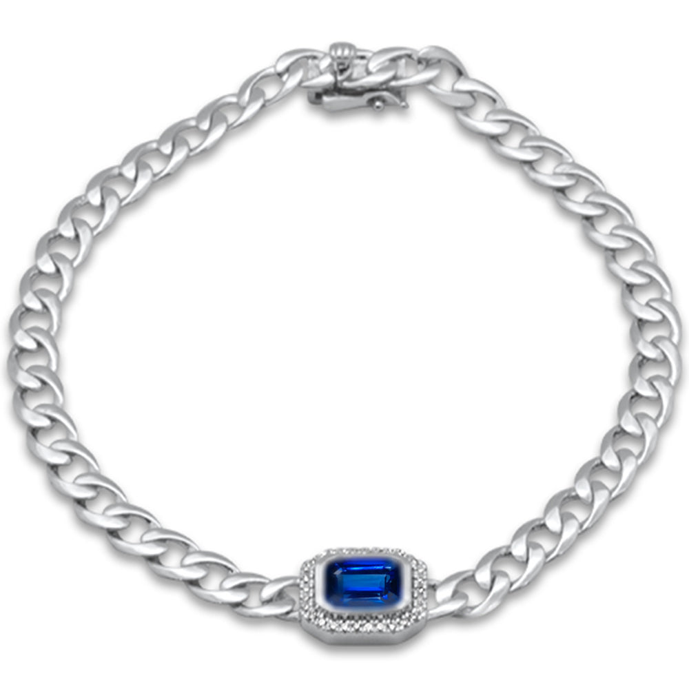 Muse Jewelry 1.43ct G SI 14K White Gold Diamond & Blue Sapphire Cuban Bracelet 7" Long