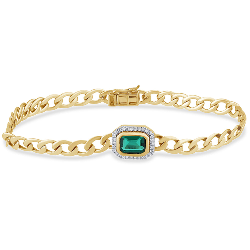 Muse Jewelry 2.04ct G SI 14K Yellow Gold Diamonds & Emerald Gemstones Cuban Bracelet 7" Long