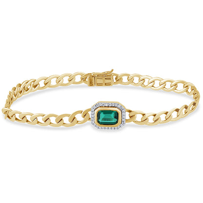 Muse Jewelry 2.04ct G SI 14K Yellow Gold Diamonds & Emerald Gemstones Cuban Bracelet 7" Long