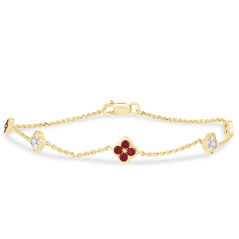 Muse Jewelry .52ct G SI 14K Yellow Gold Diamond & Ruby Gemstones Flower Bracelet 7" Long