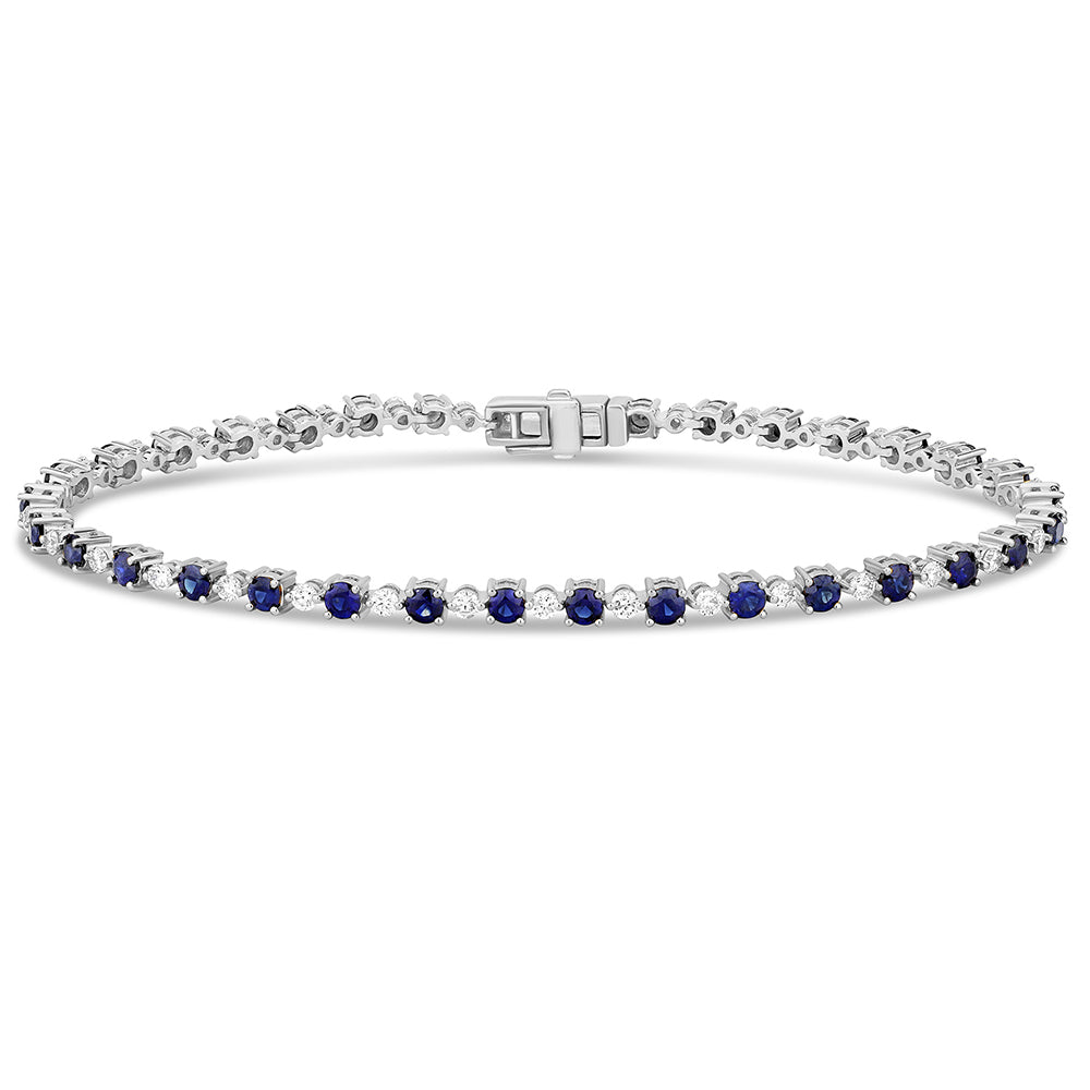 Muse Jewelry 3.39ct G SI 14K White Gold Diamond & Blue Sapphire Gemstones Tennis Bracelet 7" Long