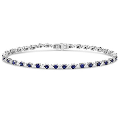 Muse Jewelry 3.39ct G SI 14K White Gold Diamond & Blue Sapphire Gemstones Tennis Bracelet 7" Long