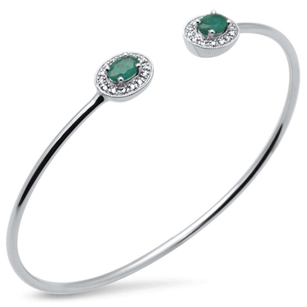 Muse Jewelry 1.04ct G SI 14K White Gold Diamond & Green Emerald Flexible Open Bangle Bracelet 7"