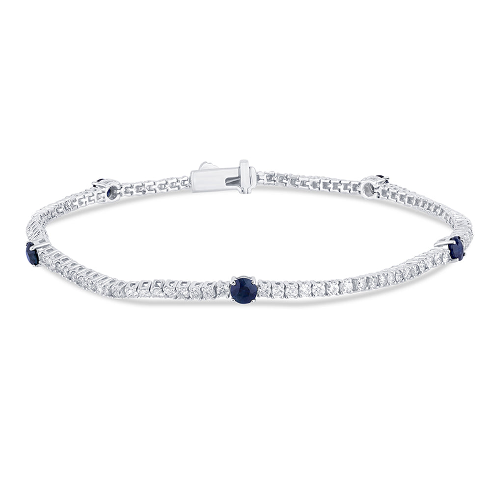 Muse Jewelry 2.22ct G SI 14K White Gold Diamond & Blue Sapphire Gemstones Tennis Bracelet 7" Long