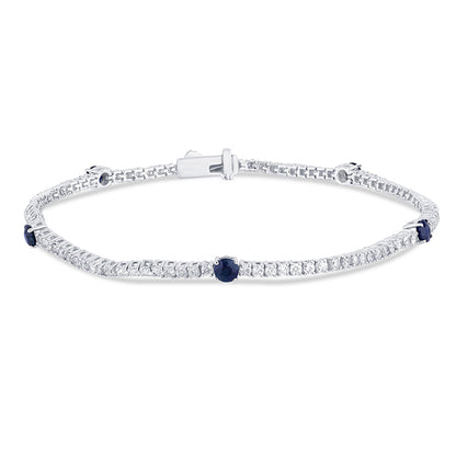 Muse Jewelry 2.49ct G SI 14K White Gold Diamond & Blue Sapphire Gemstones Tennis Bracelet 7" Long