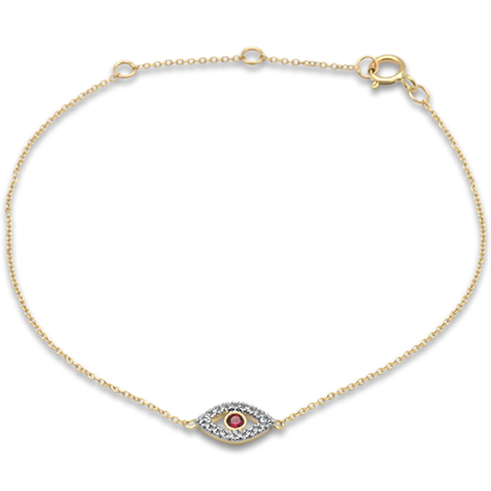 Muse Jewelry .11ct G SI 14K Yellow Gold Diamond & Ruby Gemstones Evil Eye Bracelet 7" Long Adjustable