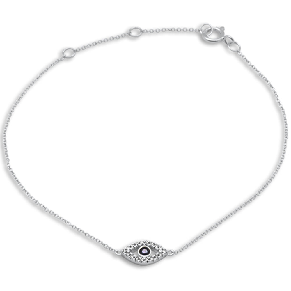 Muse Jewelry .12ct G SI 14K White Gold Diamond & Blue Sapphire Gemstones Evil Eye Bracelet 7" Long Adjustable