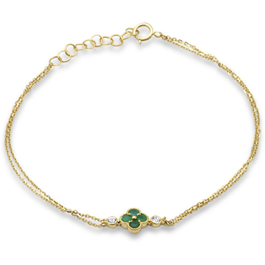 Muse Jewelry .22ct G SI 14K Yellow Gold Diamond & Emerald Gemstones Clover Chain Bracelet 7.25" Long Adjustable