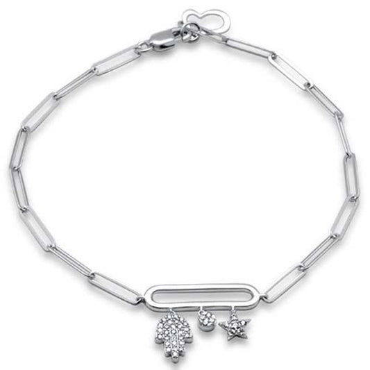 Muse Jewelry .22ct G SI 14K White Gold Diamond Hamsa Paperclip Bracelet 7.25" Long