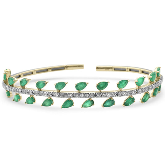 Muse Jewelry 5.83ct G SI 14K Yellow Gold Diamond & Pear Shape Emerald Gemstones Bangle Bracelet 59mm