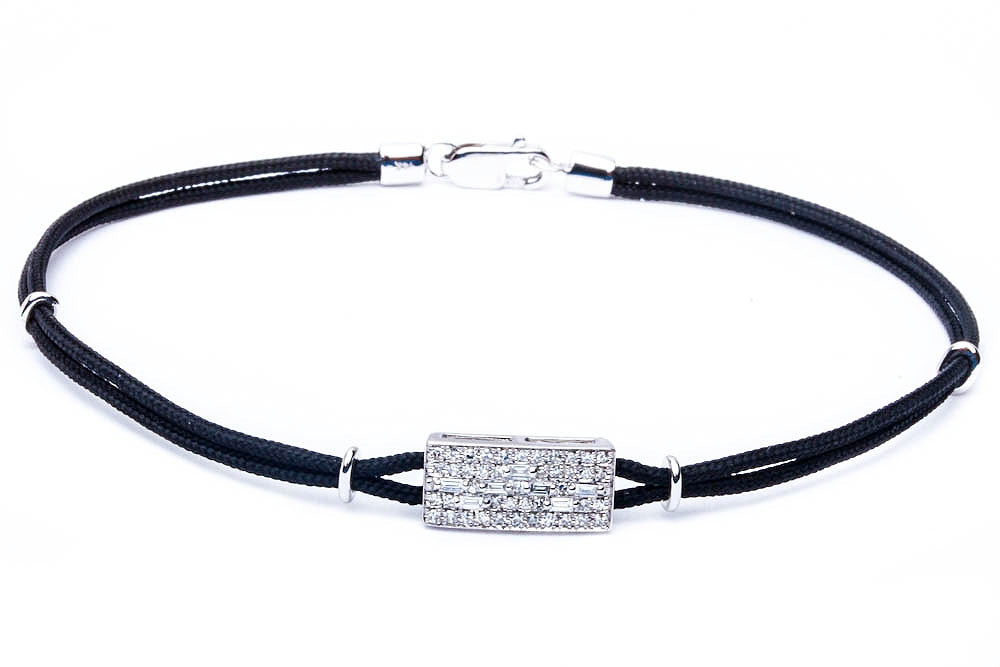 Muse Jewelry 14kt White Gold .32ct Round & Baguette Diamond Pave Set Black Cord Bracelet 7"