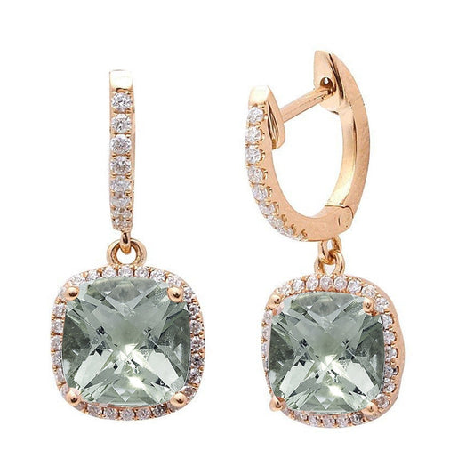 Muse Jewelry 3.11cts Cushion Cut Green Amethyst Gemstone & Diamond 14k Yellow Gold Earrings