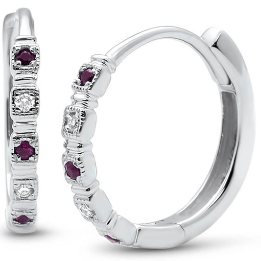 Muse Jewelry .10ct G SI 14k White Gold Diamond & Ruby Hoop Huggie Earrings