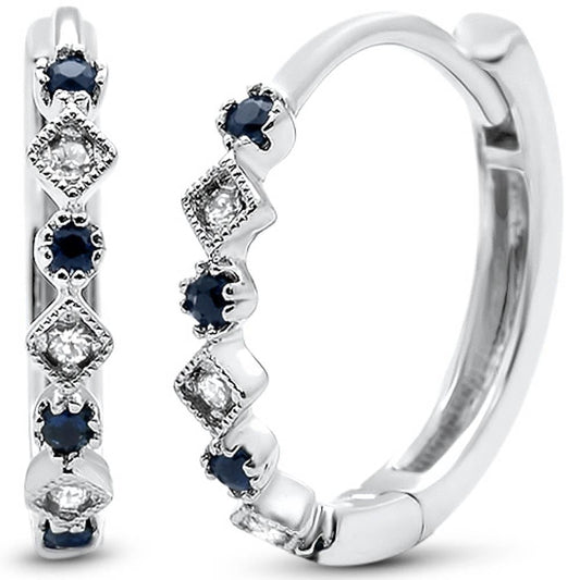 Muse Jewelry .16ct G SI 14k White Gold Diamond & Blue Sapphire Hoop Huggie Antique Earrings