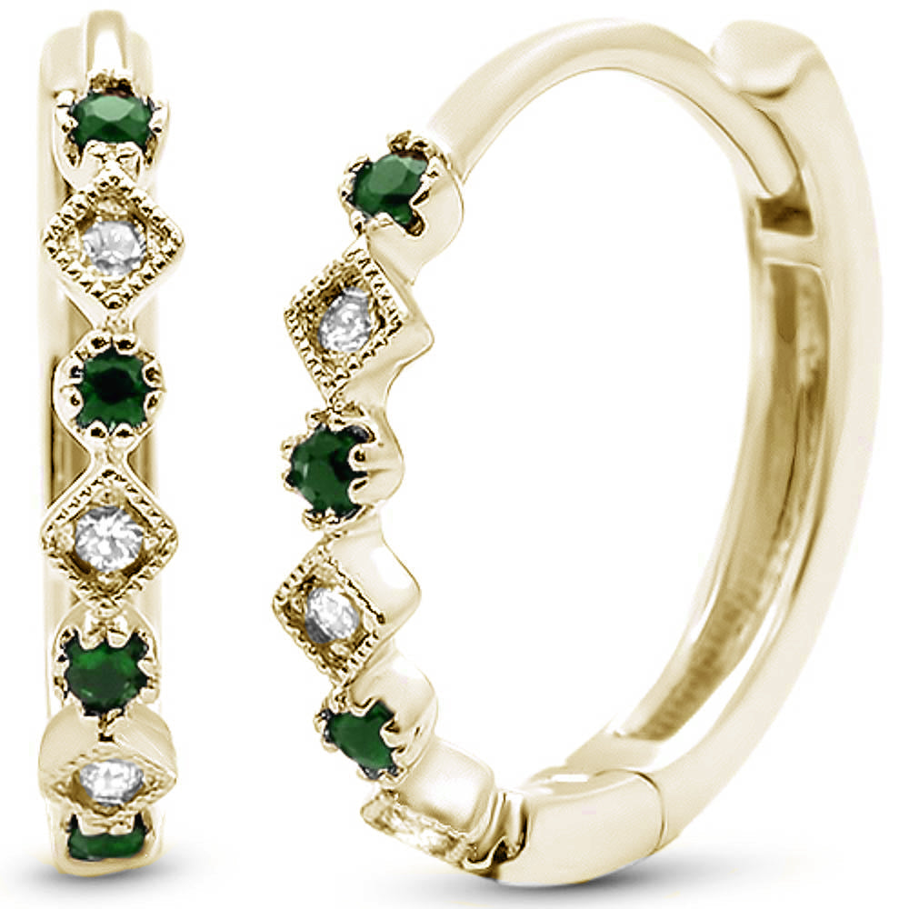 Muse Jewelry .15ct 14k Yellow Gold Diamond & Emerald Hoop Huggie Antique Earrings