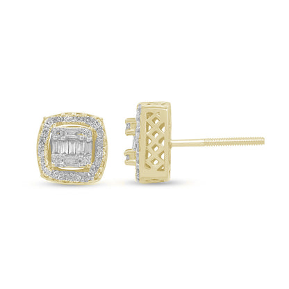 Muse Jewelry .42ct G SI 10KT Yellow Gold Round & Baguette Diamond Square Stud Earrings