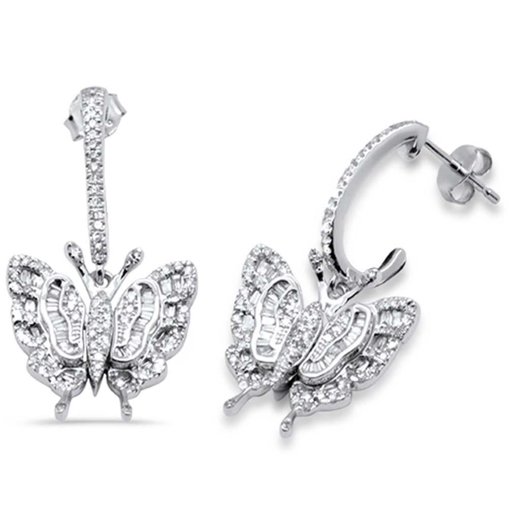 Muse Jewelry .80ct G SI 14K White Gold Round & Baguette Diamond Butterfly Dangling Earrings