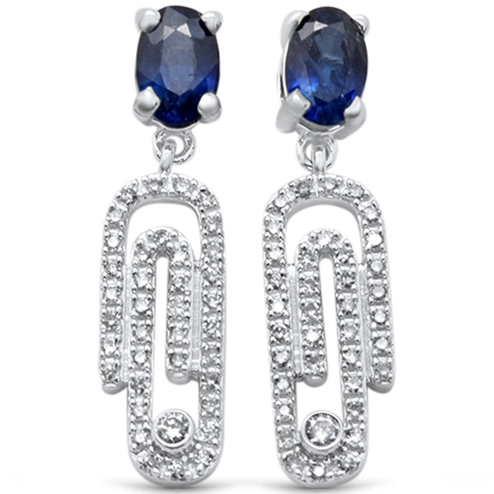Muse Jewelry 1.01ct G SI 14K White Gold Blue Sapphire Gemstone & Diamond Paperclip Earrings