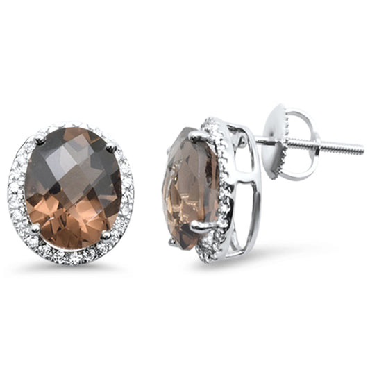 Muse Jewelry 4.98ct G SI 14K White Gold Oval Shaped Smoky Topaz Gemstone & Diamond Earrings