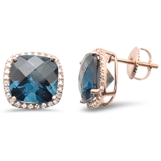 Muse Jewelry 7.85ct G SI 14K Rose Gold Cushion Shaped Blue Topaz Gemstone & Diamond Earrings