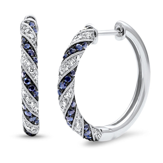 Muse Jewelry 1.19ct G SI 14K White Gold Diamond & Blue Sapphire Gemstone Post & Click Hoop Earrings