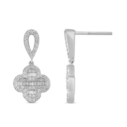 Muse Jewelry .70ct G SI 14K White Gold Diamond Round & Baguette Clover Drop Earrings