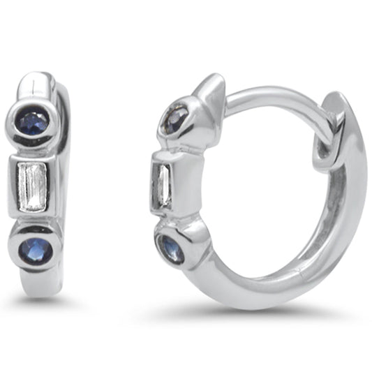 Muse Jewelry .10ct G SI 14K White Gold Diamond & Blue Sapphire Gemstone Petite Hoop Earrings Post & Click