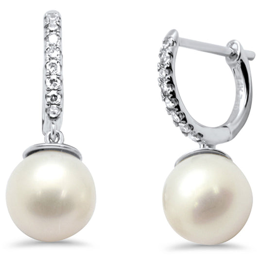 Muse Jewelry .10CT G SI 14K White Gold Diamond Dangling Pearl Earrings