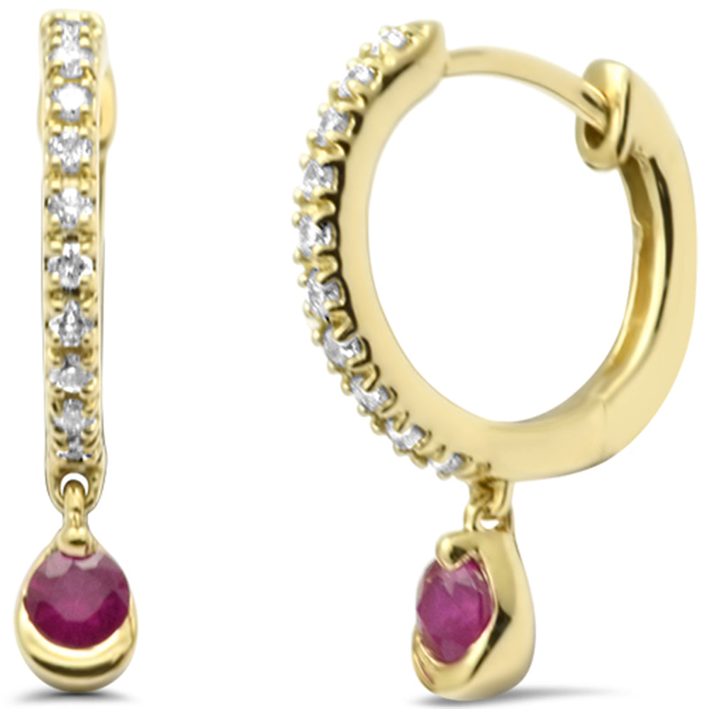 Muse Jewelry .22ct G SI 14K Yellow Gold Diamond & Ruby Gemstone Petite Hoop Earrings Post & Click